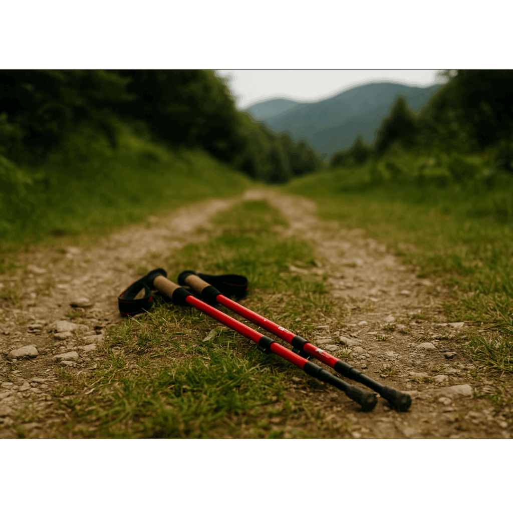 wandelstokken die op een bergpad liggen